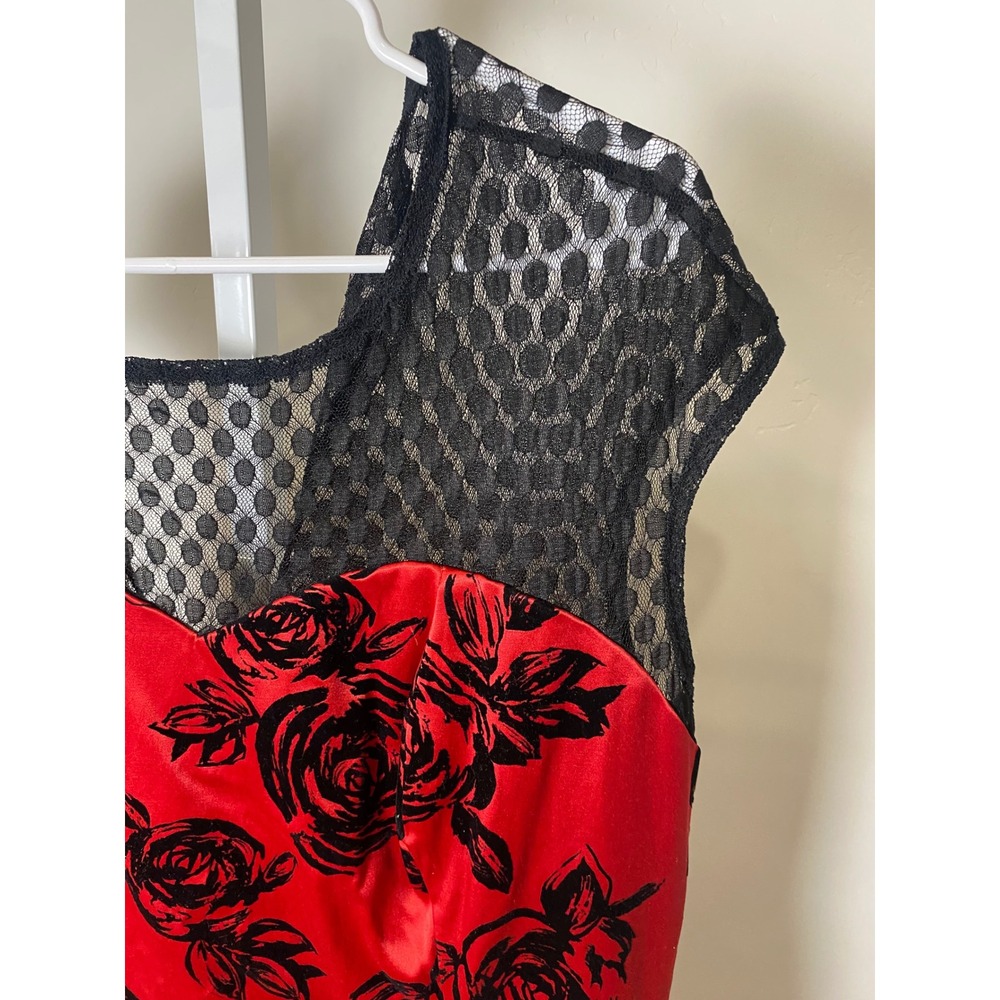 Bettie Page by Pinups Red Black Flocked Rose Lace Cocktail Dress VTG Retro XL - Picture 3 of 9